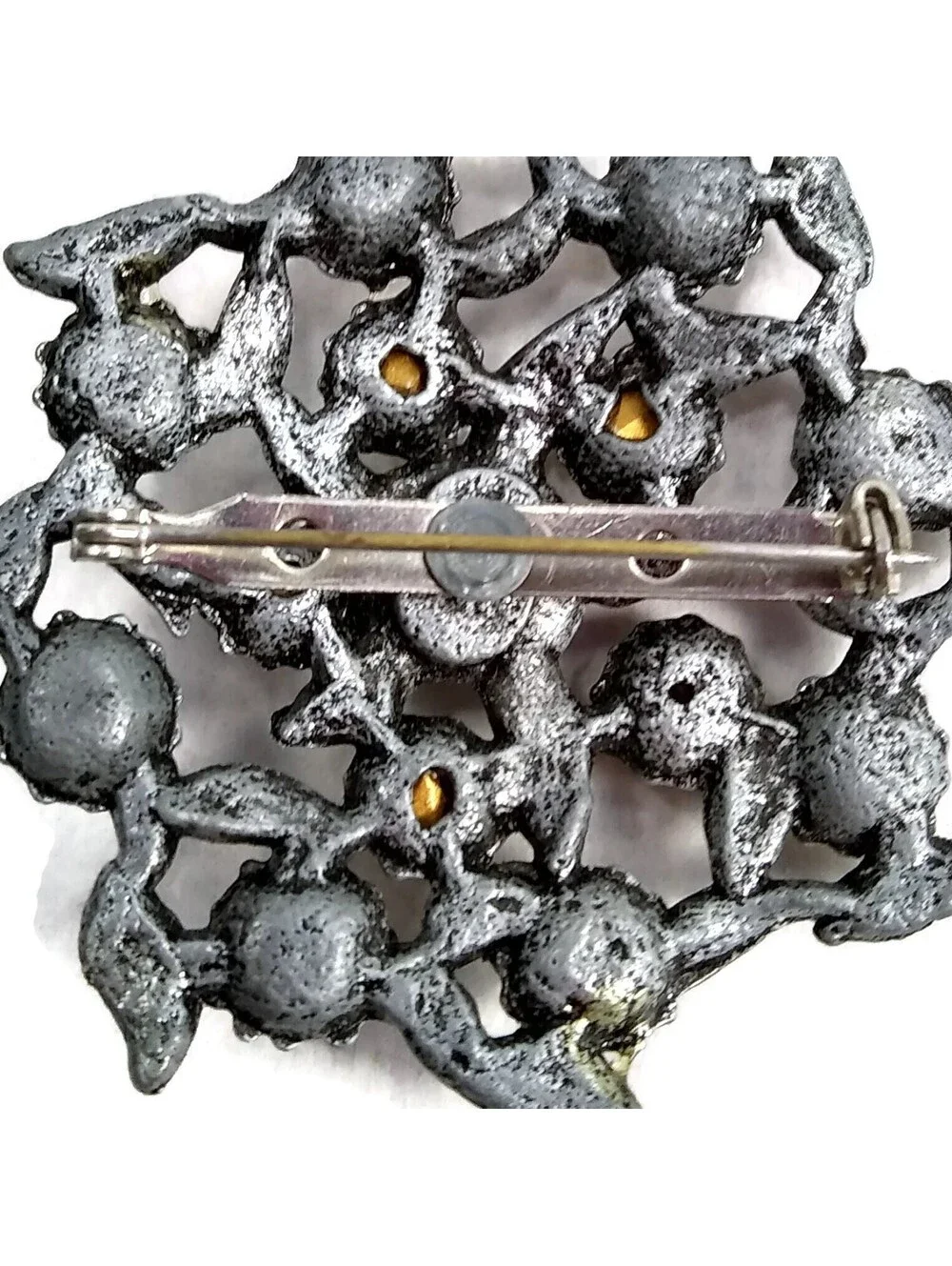 Vintage Dark Silver Tone, Clear & Gray Rhinestones Wreath Brooch, Pewter Brooch.
